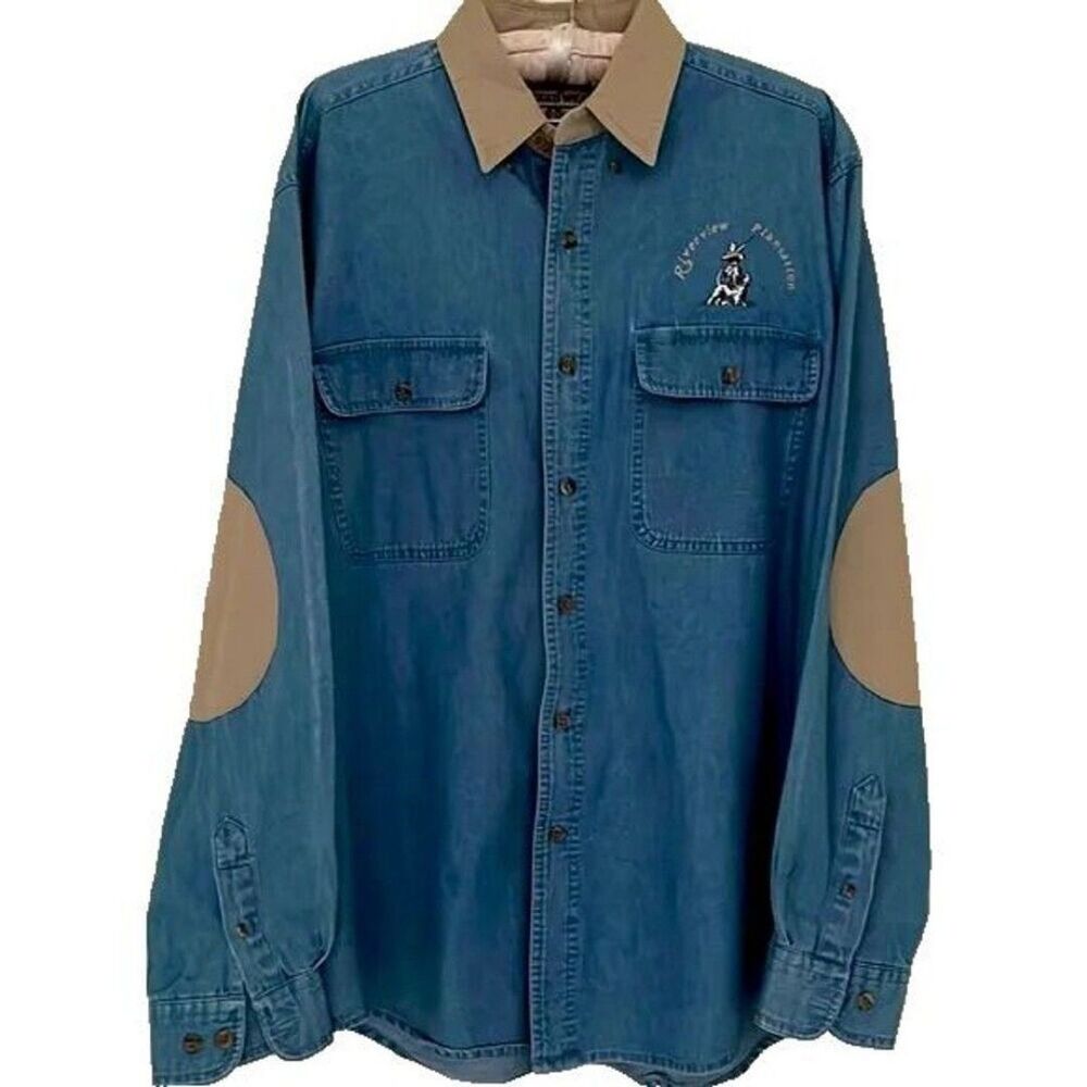 Vintage Wrangler Rugged Wear Men’s Large Denim Shirt Embroidered with Elbow Patc